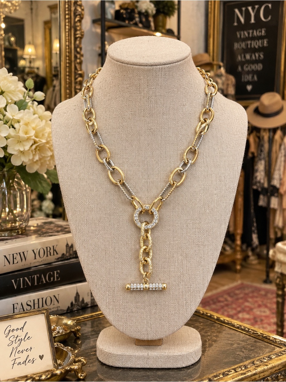 Elegant Two-Tone Gold & Silver Toggle Chain Necklace NWOT